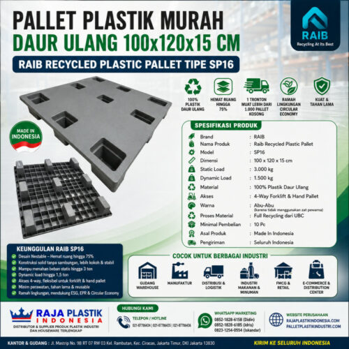 PALLET PLASTIK MURAH DAUR ULANG 100x120x15 CM - RAIB RECYCLED PLASTIC PALLET TIPE SP16 | PALLETPLASTIKINDUSTRI.COM