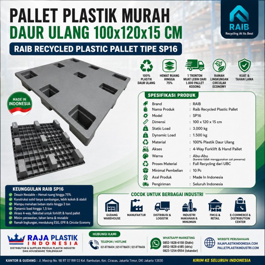 PALLET PLASTIK MURAH DAUR ULANG 100x120x15 CM - RAIB RECYCLED PLASTIC PALLET TIPE SP16 | PALLETPLASTIKINDUSTRI.COM