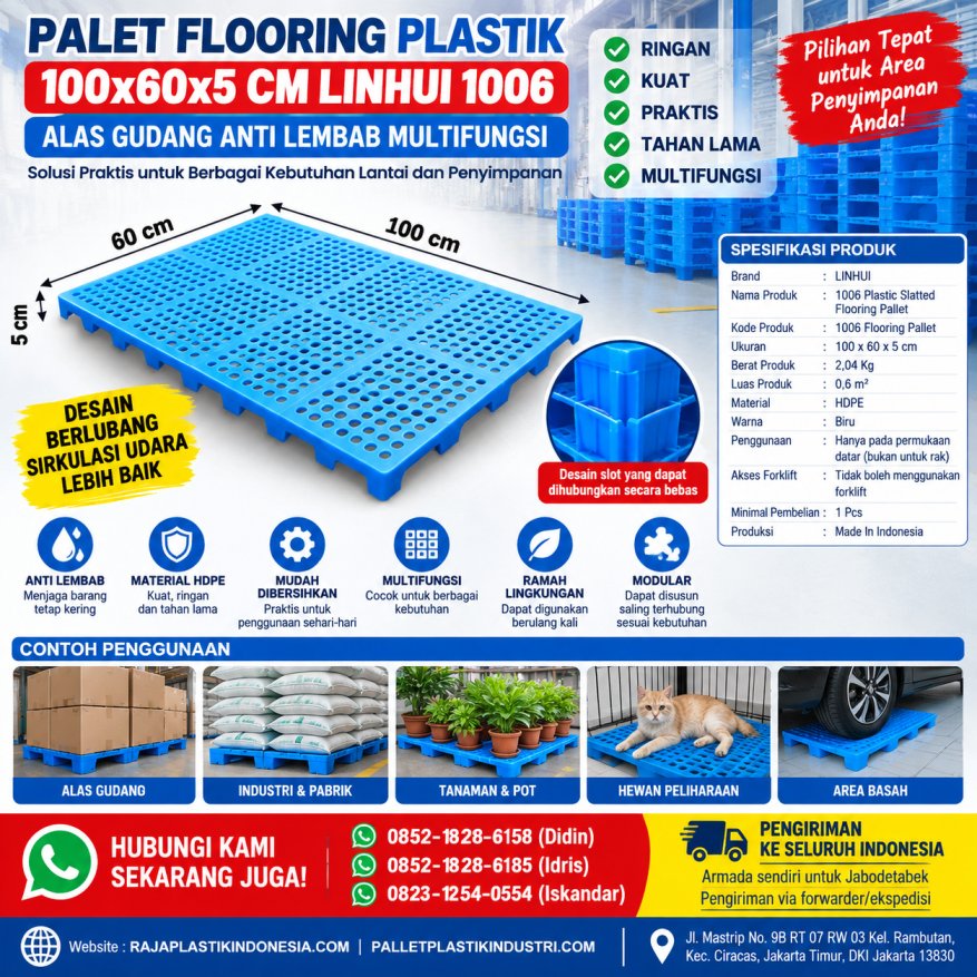 PALET FLOORING PLASTIK 100x60x5 CM LINHUI 1006 | ALAS GUDANG ANTI LEMBAB MULTIFUNGSI | PALLETPLASTIKINDUSTRI.COM