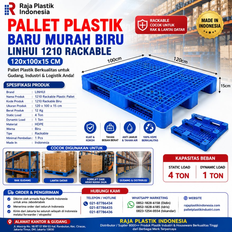 PALLET PLASTIK BARU MURAH BIRU LINHUI 1210 RACKABLE 120x100x15 CM | PALLETPLASTIKINDUSTRI.COM