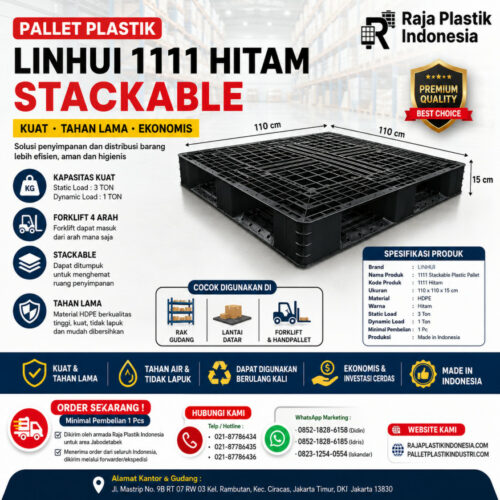 PALLET PLASTIK BARU MURAH LINHUI 1111 HITAM STACKABLE 100x100x15 CM | PALLETPLASTIKINDUSTRI.COM