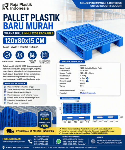 Jual PALLET PLASTIK BARU MURAH WARNA BIRU LINHUI 1208 RACKABLE Ukuran 120x80x15 CM untuk Kebutuhan Gudang dan Industri