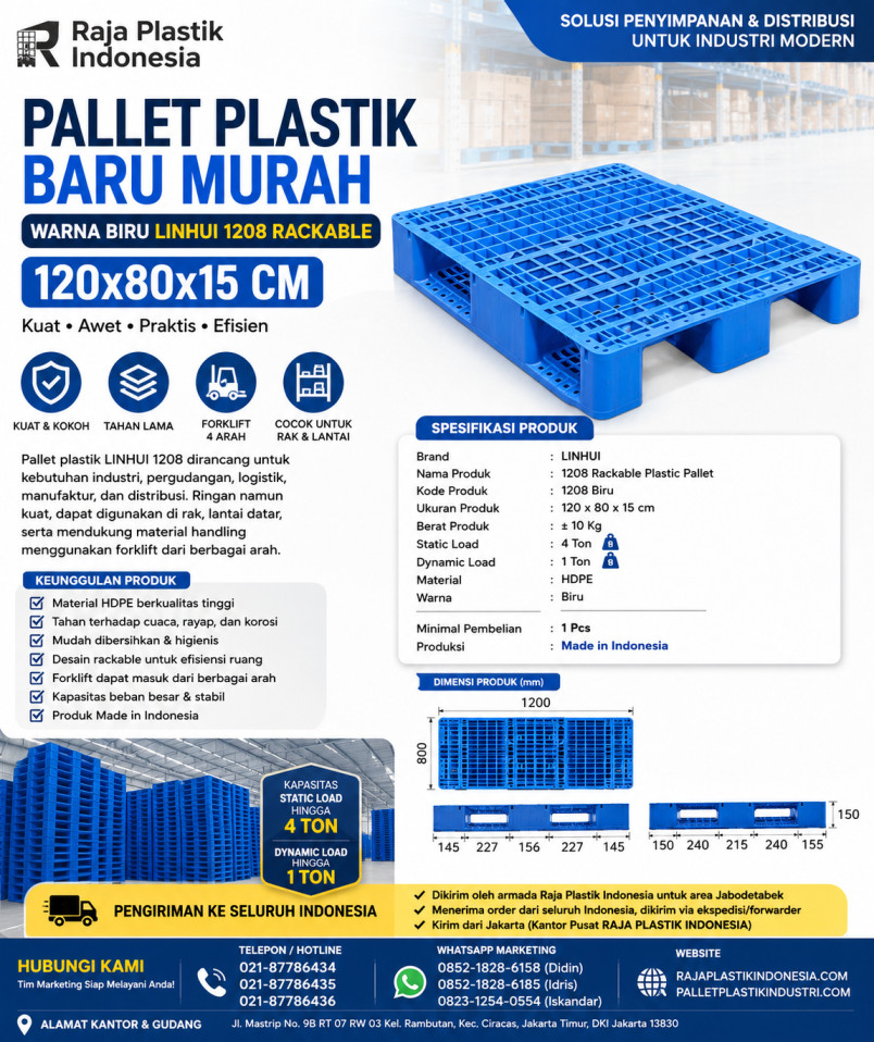 Jual PALLET PLASTIK BARU MURAH WARNA BIRU LINHUI 1208 RACKABLE Ukuran 120x80x15 CM untuk Kebutuhan Gudang dan Industri