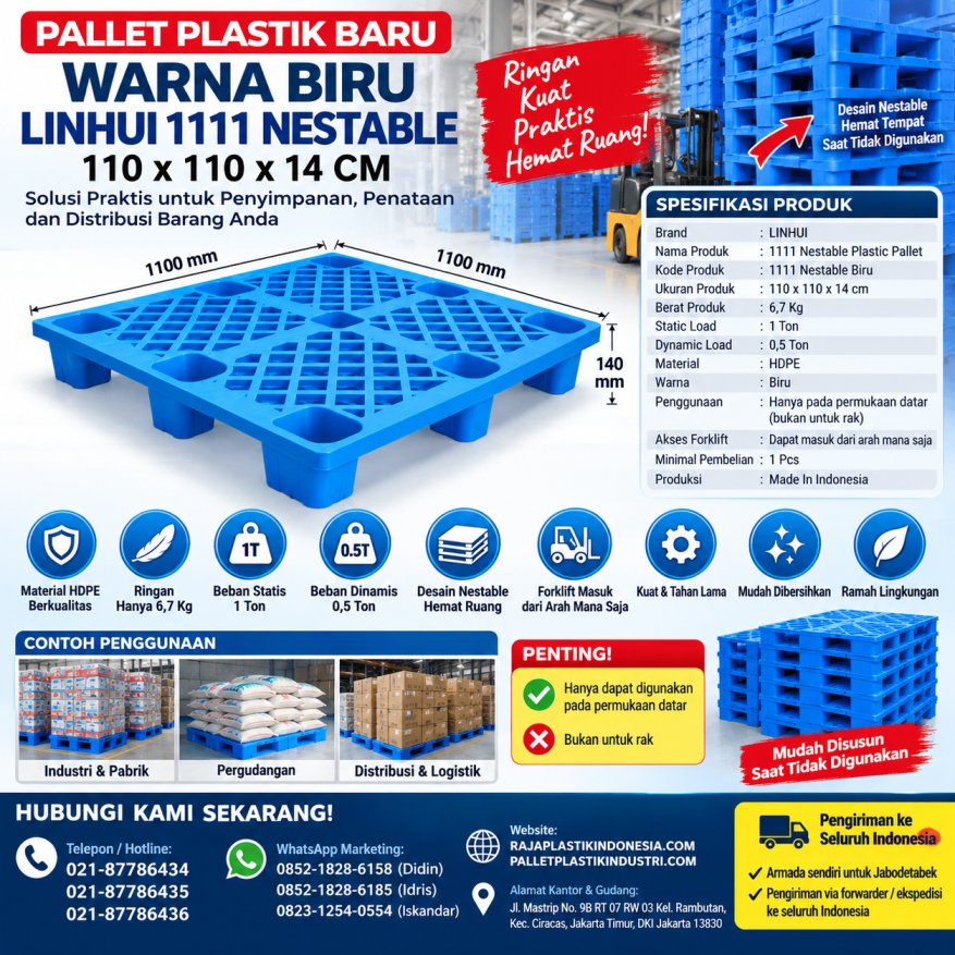 PALLET PLASTIK BARU WARNA BIRU LINHUI 1111 NESTABLE 110x110x14 CM | PALLETPLASTIKINDUSTRI.COM
