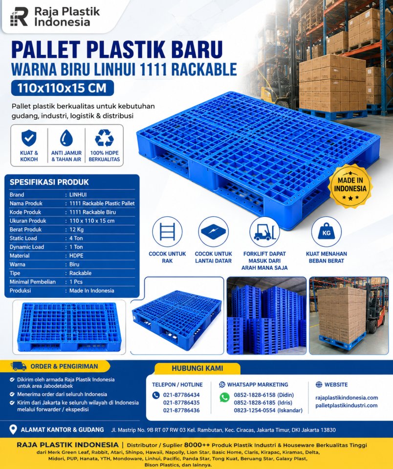 PALLET PLASTIK BARU WARNA BIRU LINHUI 1111 RACKABLE 110x110x15 CM | PALLETPLASTIKINDUSTRI.COM