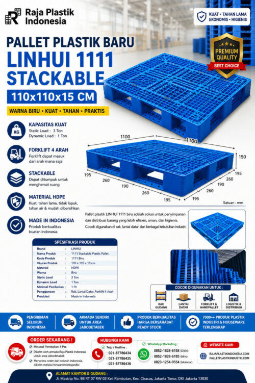 PALLET PLASTIK BARU WARNA BIRU LINHUI 1111 STACKABLE 110x110x15 CM | PALLETPLASTIKINDUSTRI.COM