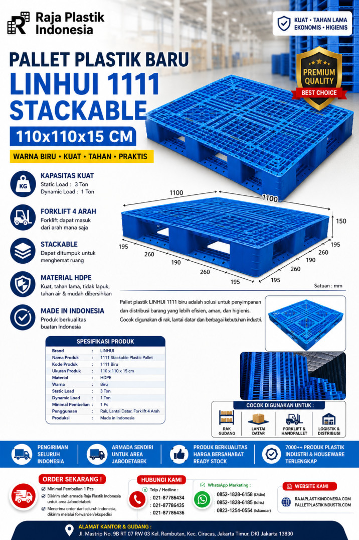 PALLET PLASTIK BARU WARNA BIRU LINHUI 1111 STACKABLE 110x110x15 CM | PALLETPLASTIKINDUSTRI.COM