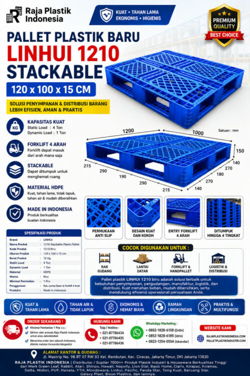 PALLET PLASTIK BARU WARNA BIRU LINHUI 1210 STACKABLE 120x100x15 CM | PALLETPLASTIKINDUSTRI.COM