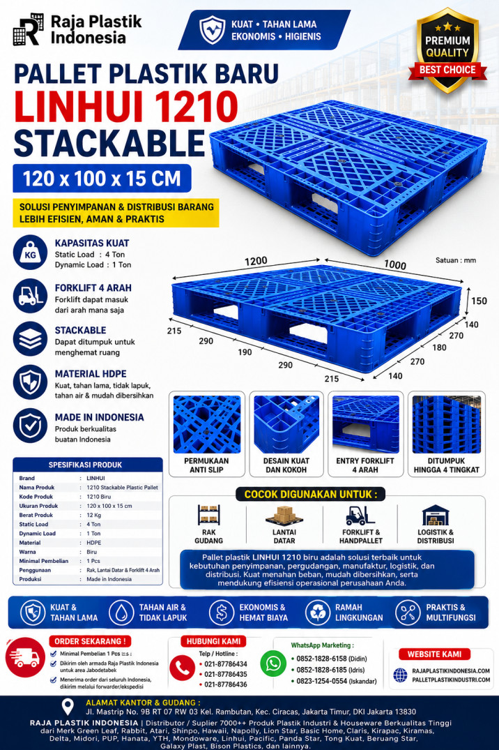 PALLET PLASTIK BARU WARNA BIRU LINHUI 1210 STACKABLE 120x100x15 CM | PALLETPLASTIKINDUSTRI.COM