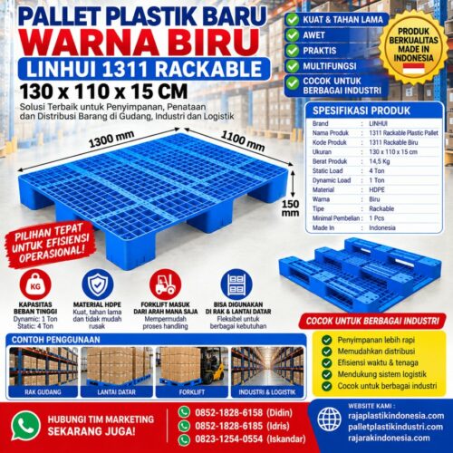 PALLET PLASTIK BARU WARNA BIRU LINHUI 1311 RACKABLE 130x110x15 CM | PALLETPLASTIKINDUSTRI.COM