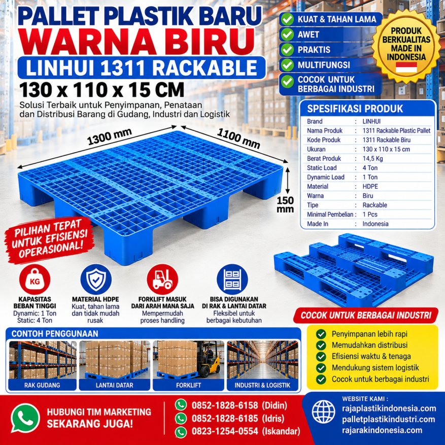 PALLET PLASTIK BARU WARNA BIRU LINHUI 1311 RACKABLE 130x110x15 CM | PALLETPLASTIKINDUSTRI.COM