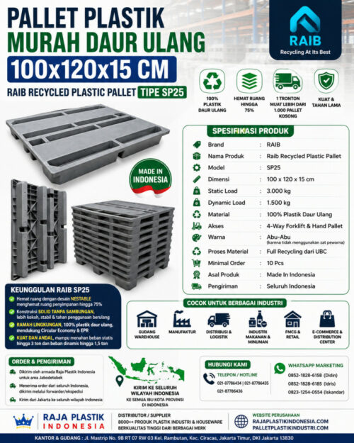 PALLET PLASTIK MURAH DAUR ULANG 100x120x15 CM - RAIB RECYCLED PLASTIC PALLET TIPE SP25