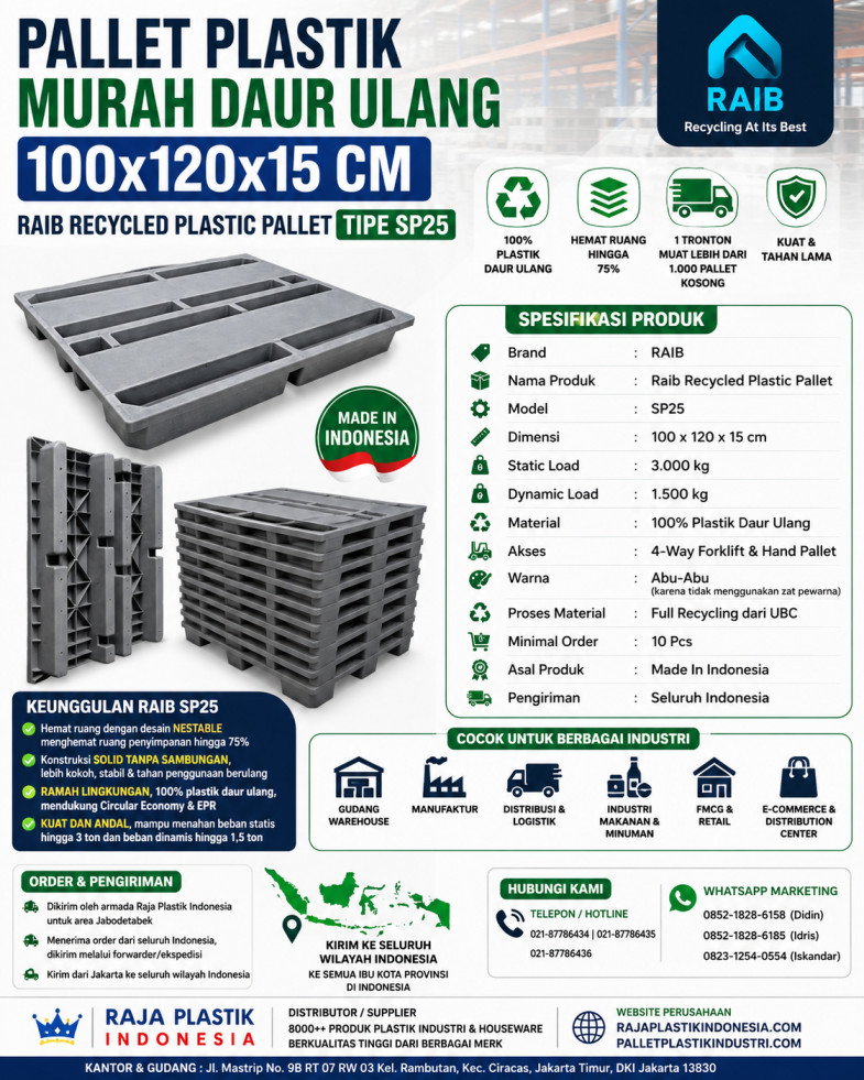 PALLET PLASTIK MURAH DAUR ULANG 100x120x15 CM - RAIB RECYCLED PLASTIC PALLET TIPE SP25